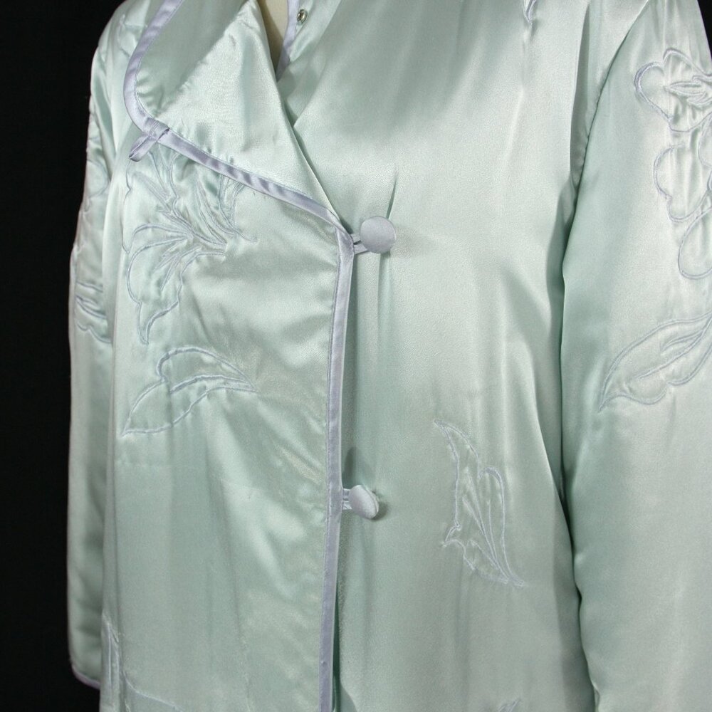 Vintage Natori Satin Floral Embroidered Full Length Winter Robe Lounge Blue M - Picture 6 of 14